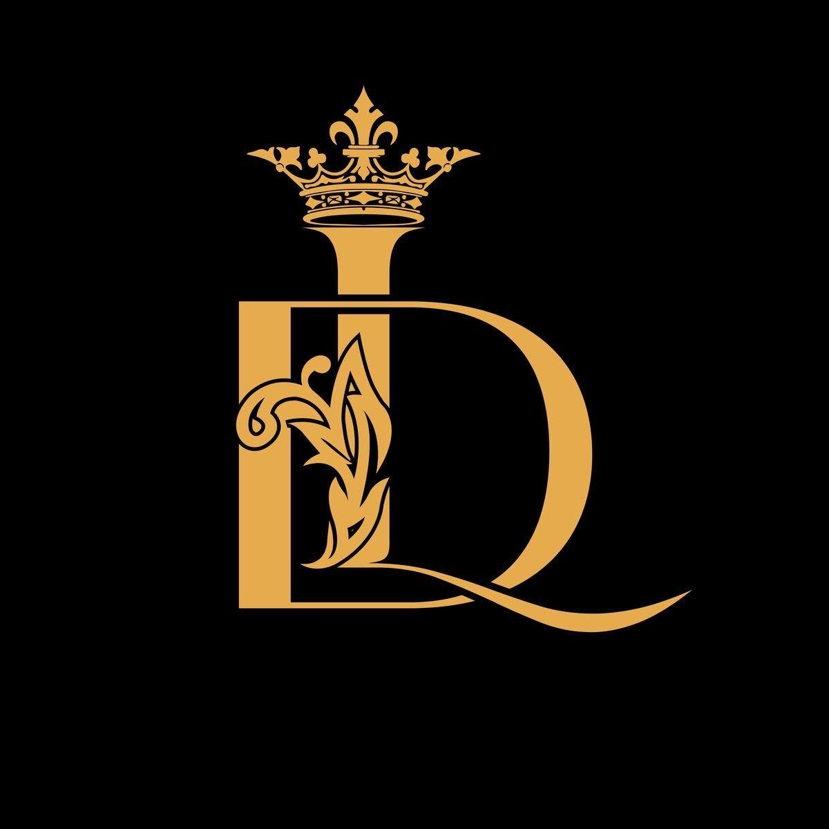 Golden letter D with an ornate crown on top, featuring intricate floral designs on a black background.